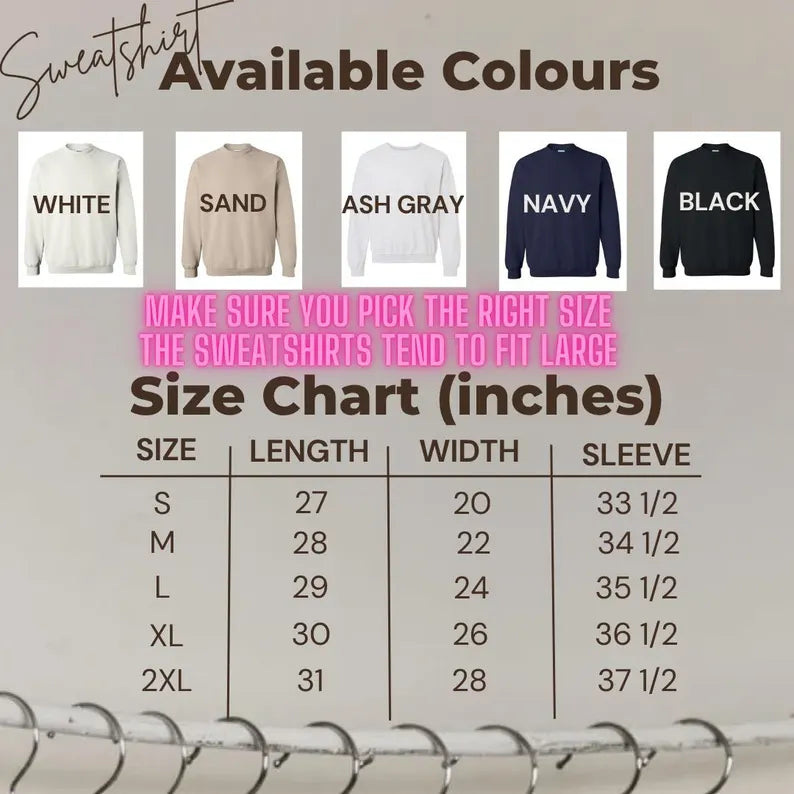 Color chart and size chart for sweatshirts with available colors and measurements.