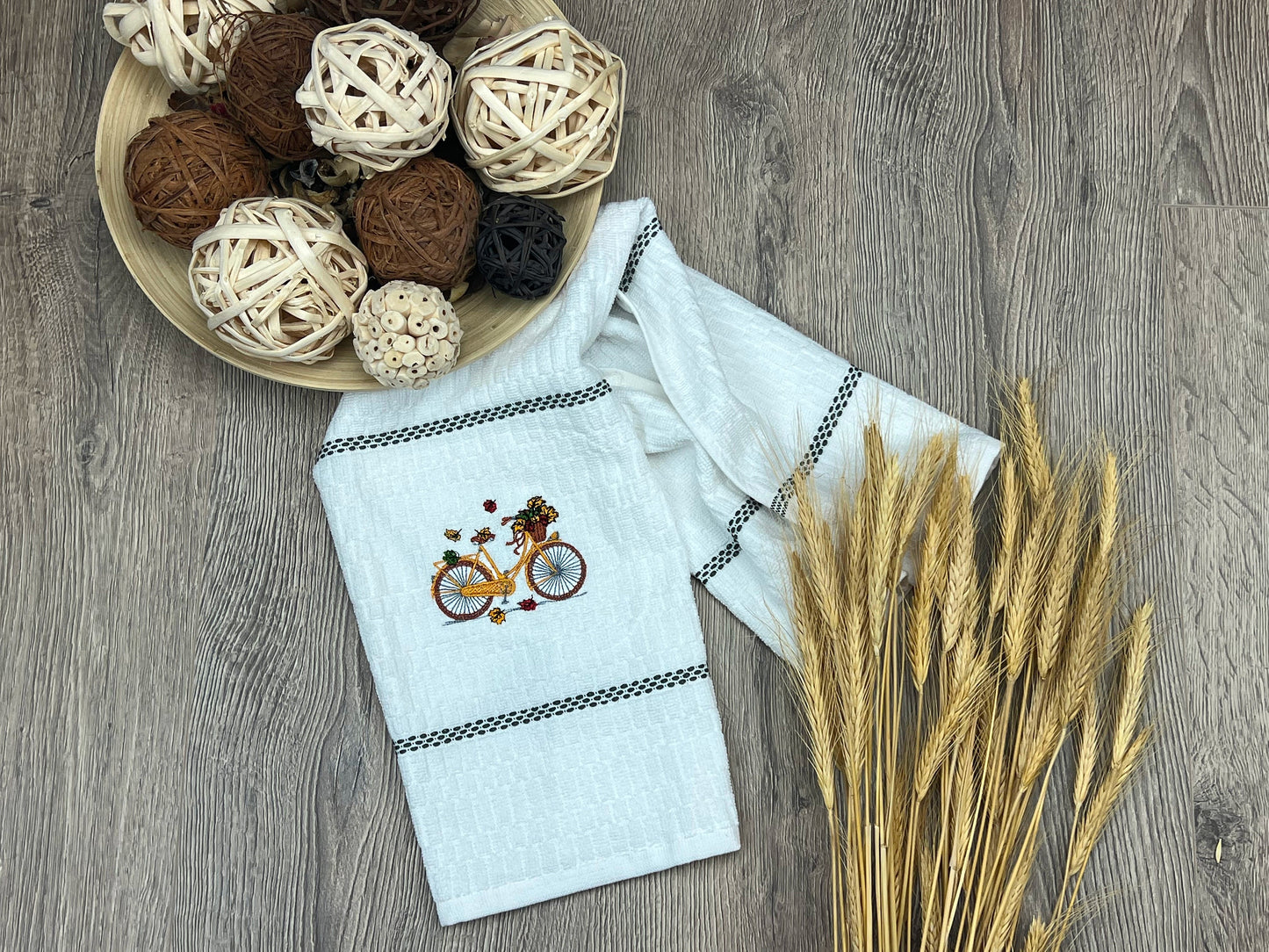 Fall Bicycle Embroidered kitchen towel