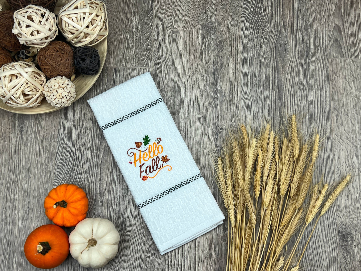 Hello Fall Embroidered Kitchen Towel