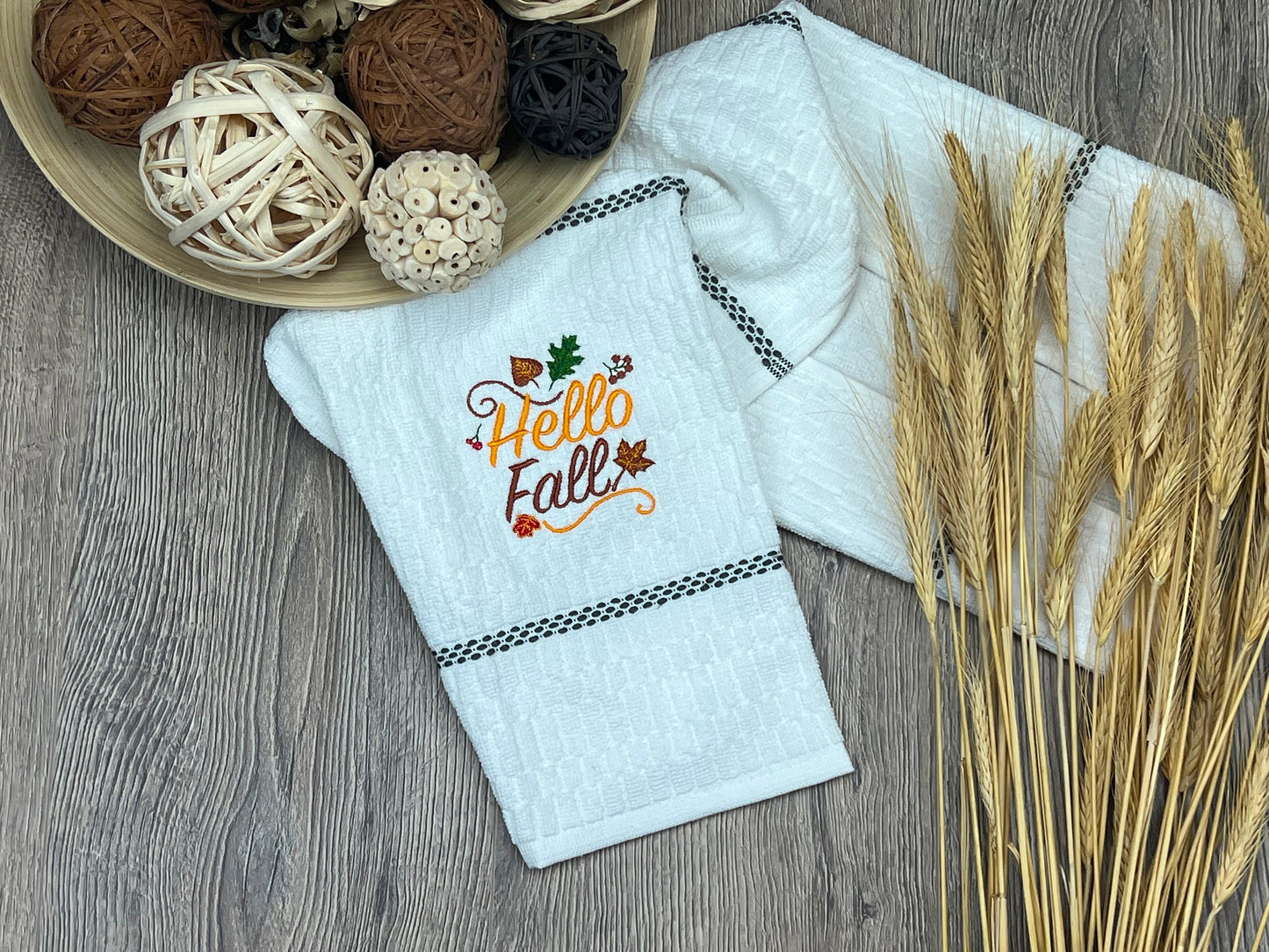 Hello Fall Embroidered Kitchen Towel