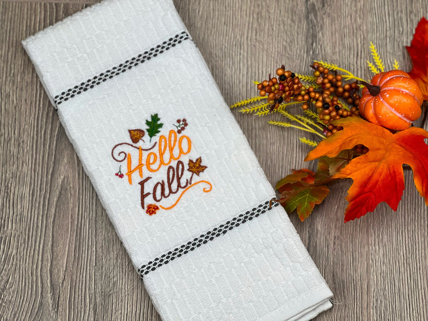 Hello Fall Embroidered Kitchen Towel