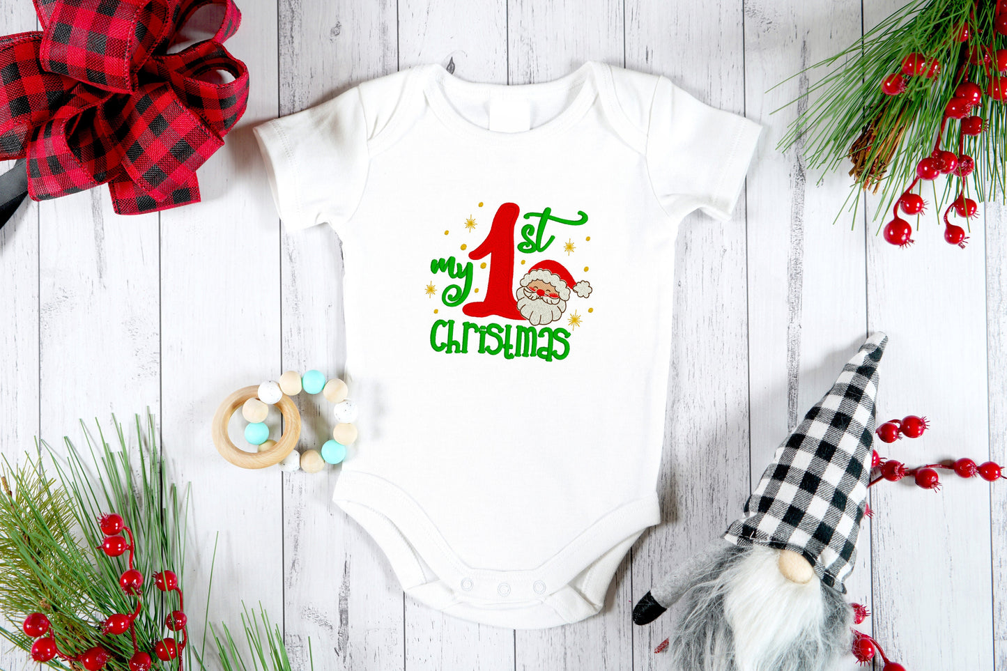 First Christmas embroidered baby onesie