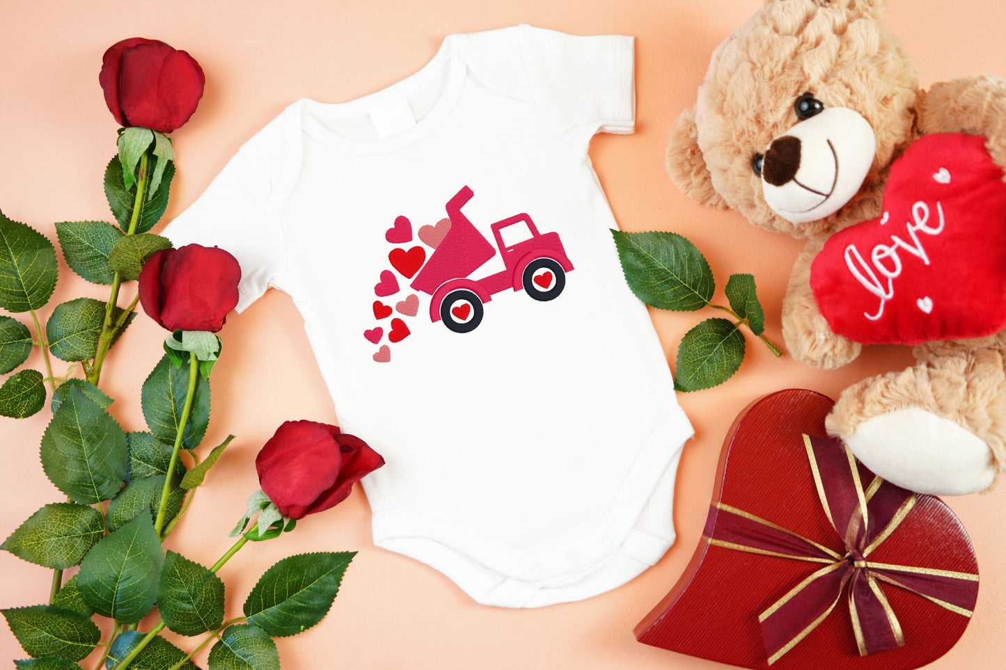 Valentine's day Dump Truck with hearts embroidered outfit