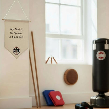 Martial arts training room with punching bag, banners, and equipment.