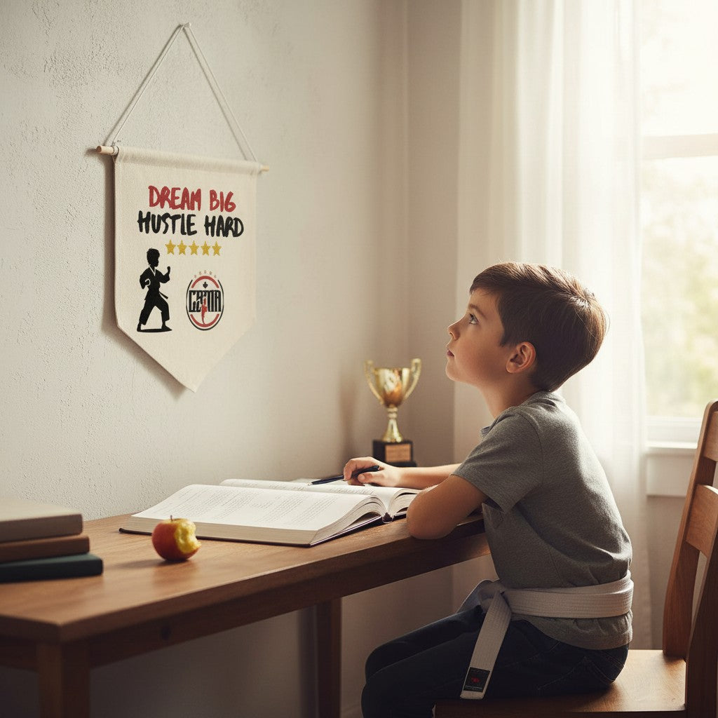 Child sitting at a desk with a motivational banner on the wall