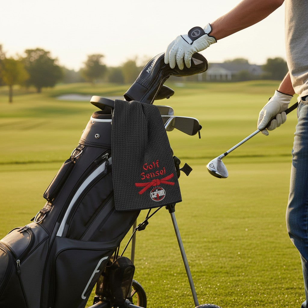 Golf bag with clubs and a towel on a golf course, and  a towel that says "Golf Sensei"