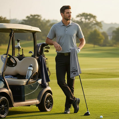Man on a golf course with a golf cart and golf balls holding a towel that says "Golf Sensei"