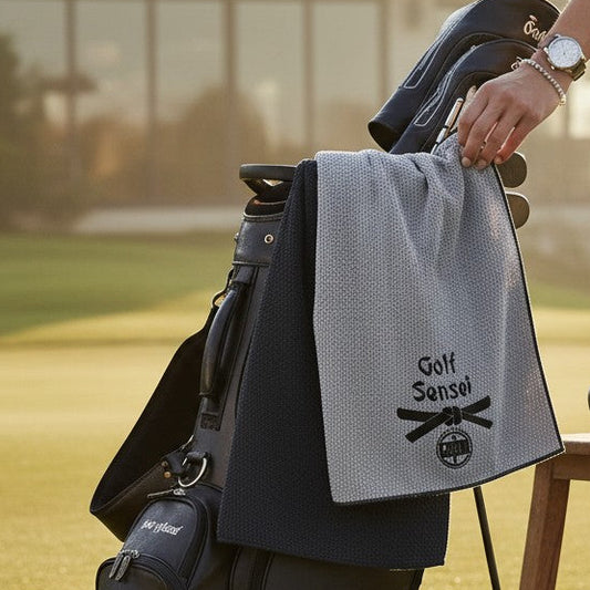 Golf bag with  a towel that says "Golf Sensei" draped over it on a golf course, with a person in the background.