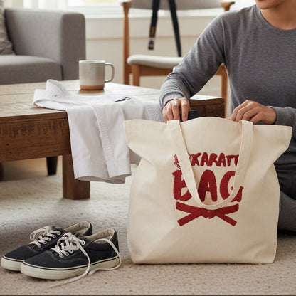 Woman sitting on the floor with a tote bag labeled 'Karate Bag' in a living room.