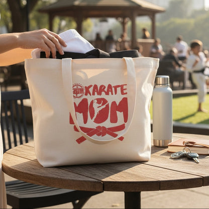 Tote bag with 'Karate Mom' design on a table outdoors with people in the background.