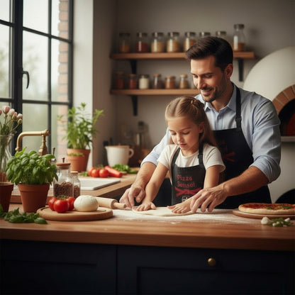 Man and young girl making pizza together in a kitchen