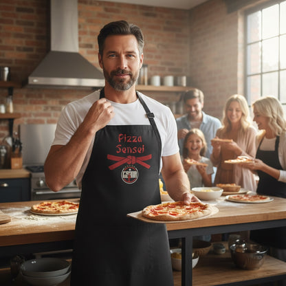 Man in a kitchen holding a pizza, wearing an apron with 'Pizza Sensei' branding, surrounded by people enjoying pizzas.
