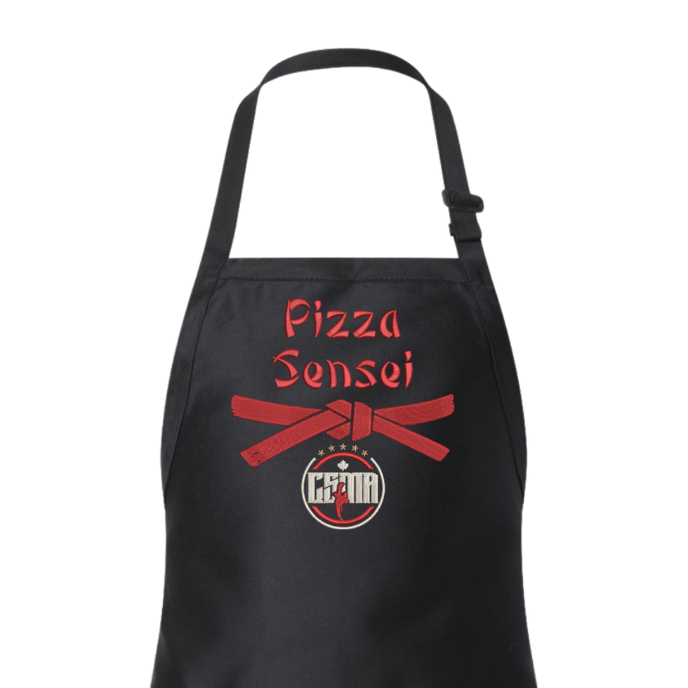 Black apron with 'Pizza Sensei' text and logo on a white background