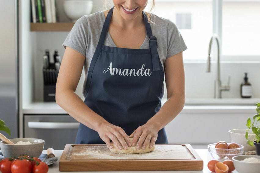 Woman in a kitchen wearing an 'Amanda' apron, preparing food.