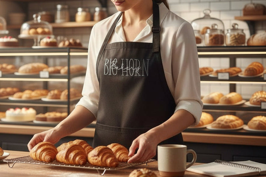 Woman arranging pastries in a bakery with 'Big Horn' apron