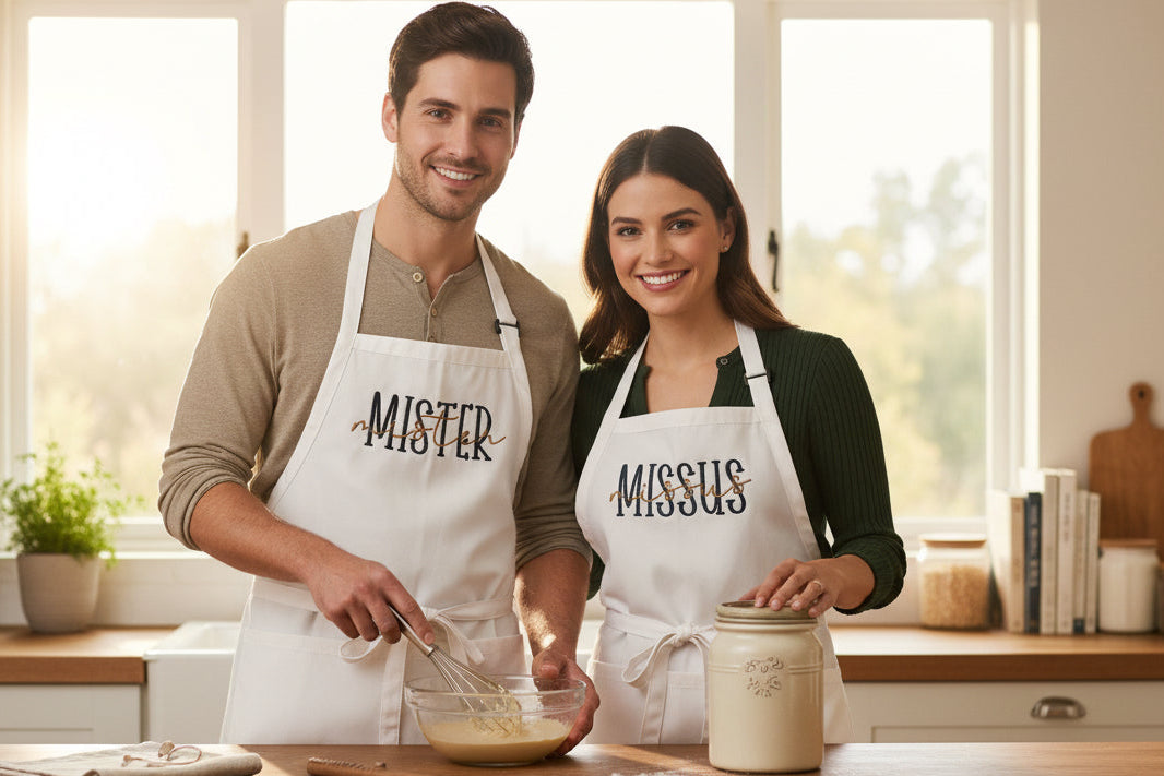 Man and woman wearing aprons with 'Mister' and 'Missus' text, standing in a kitchen.