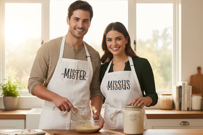 Man and woman wearing aprons with 'Mister' and 'Missus' text, standing in a kitchen.