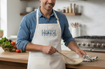 Man in a kitchen wearing an apron with 'House Husband' text, standing by a counter with ingredients.