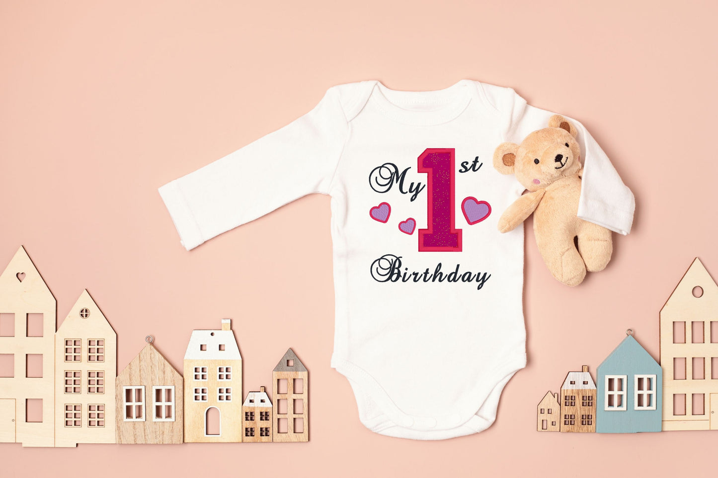 My 1st Birthday with Hearts Embroidered Baby Onesie