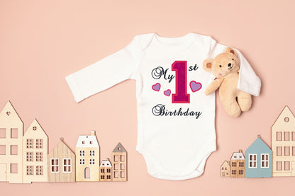 My 1st Birthday with Hearts Embroidered Baby Onesie