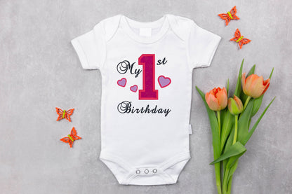 My 1st Birthday with Hearts Embroidered Baby Onesie