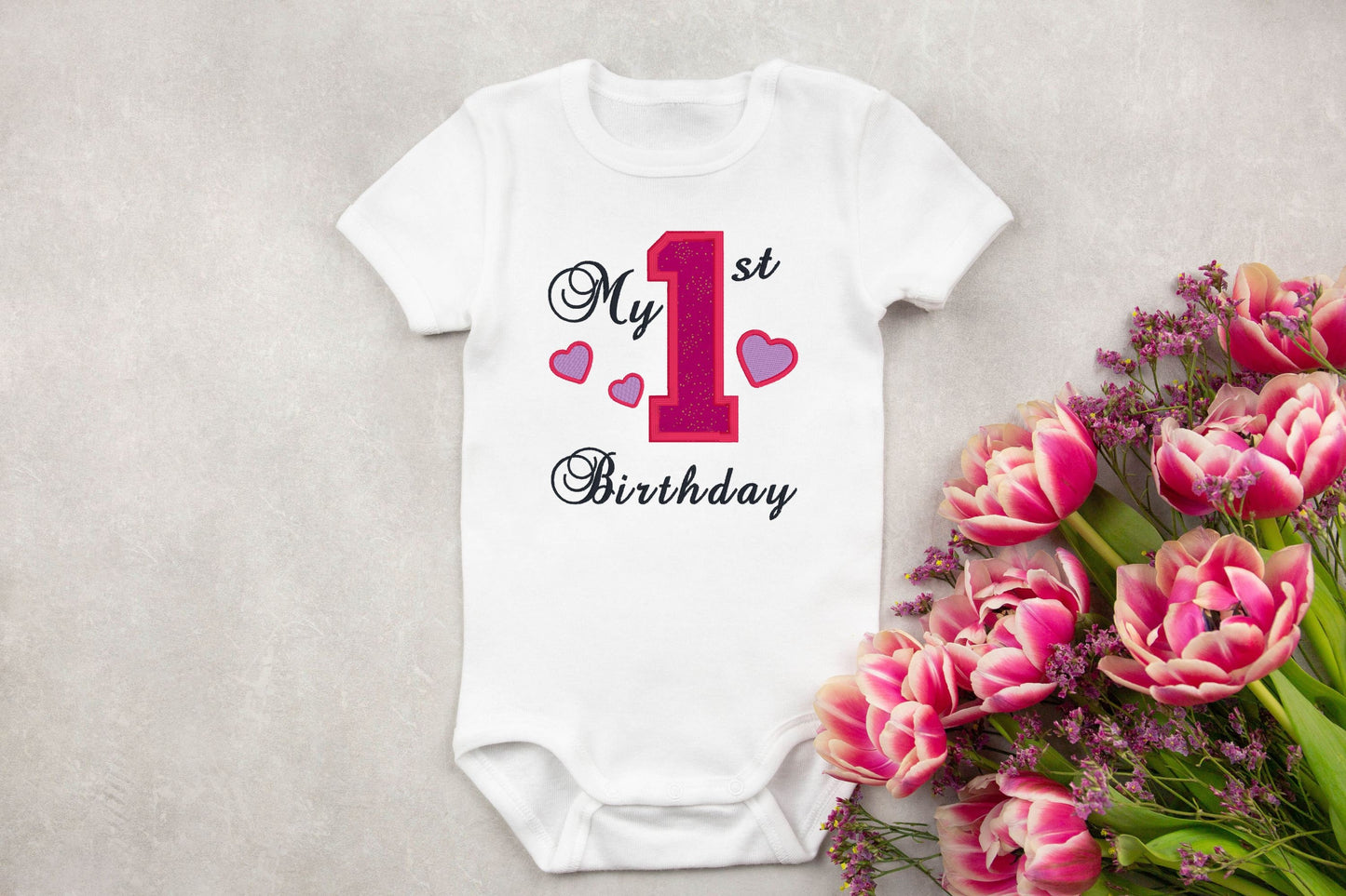 My 1st Birthday with Hearts Embroidered Baby Onesie