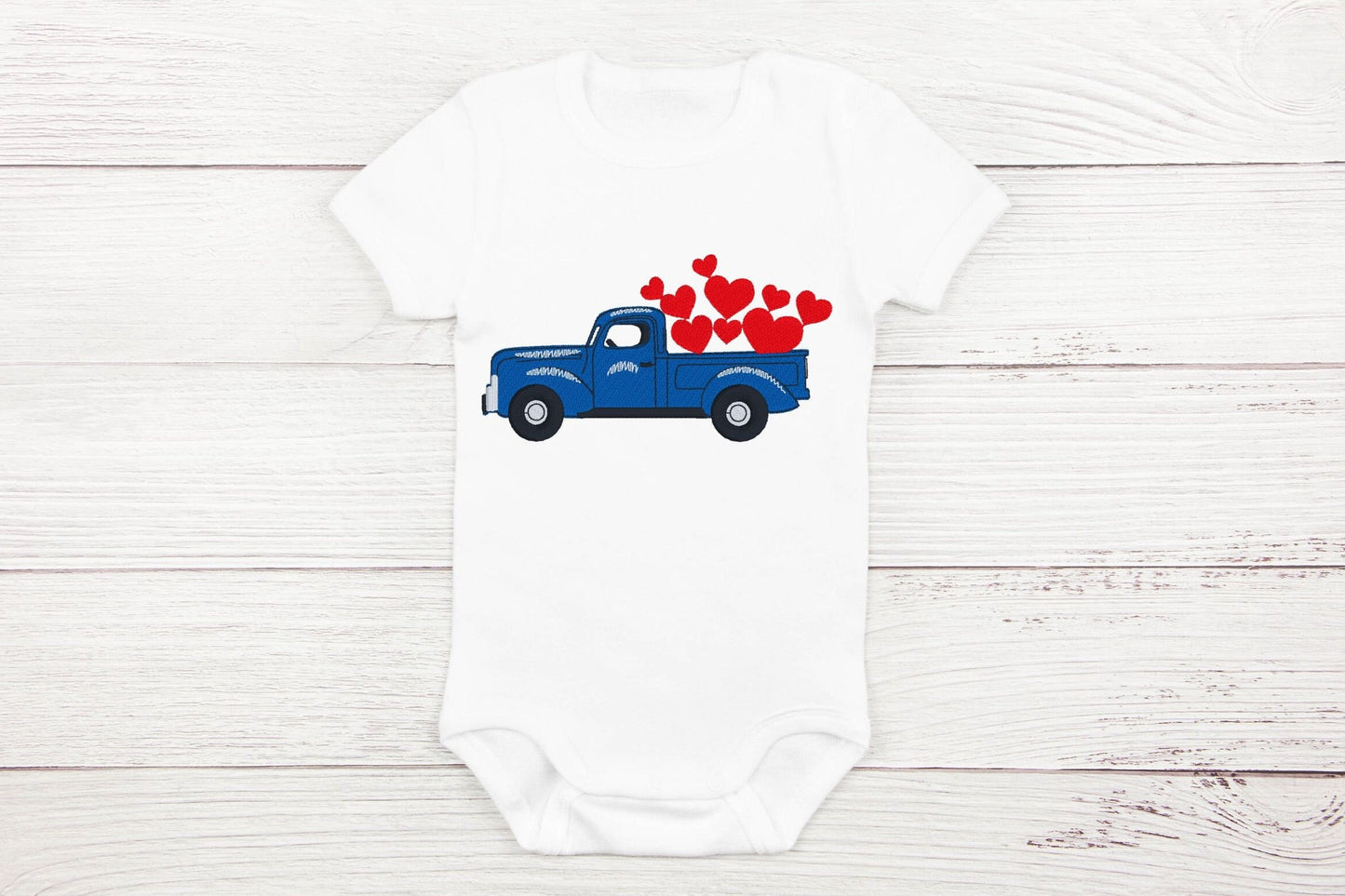 Valentine's Day Blue Truck with Hearts embroidered outfit