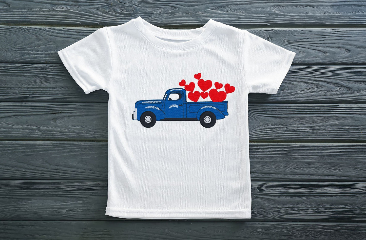 Valentine's Day Blue Truck with Hearts embroidered outfit