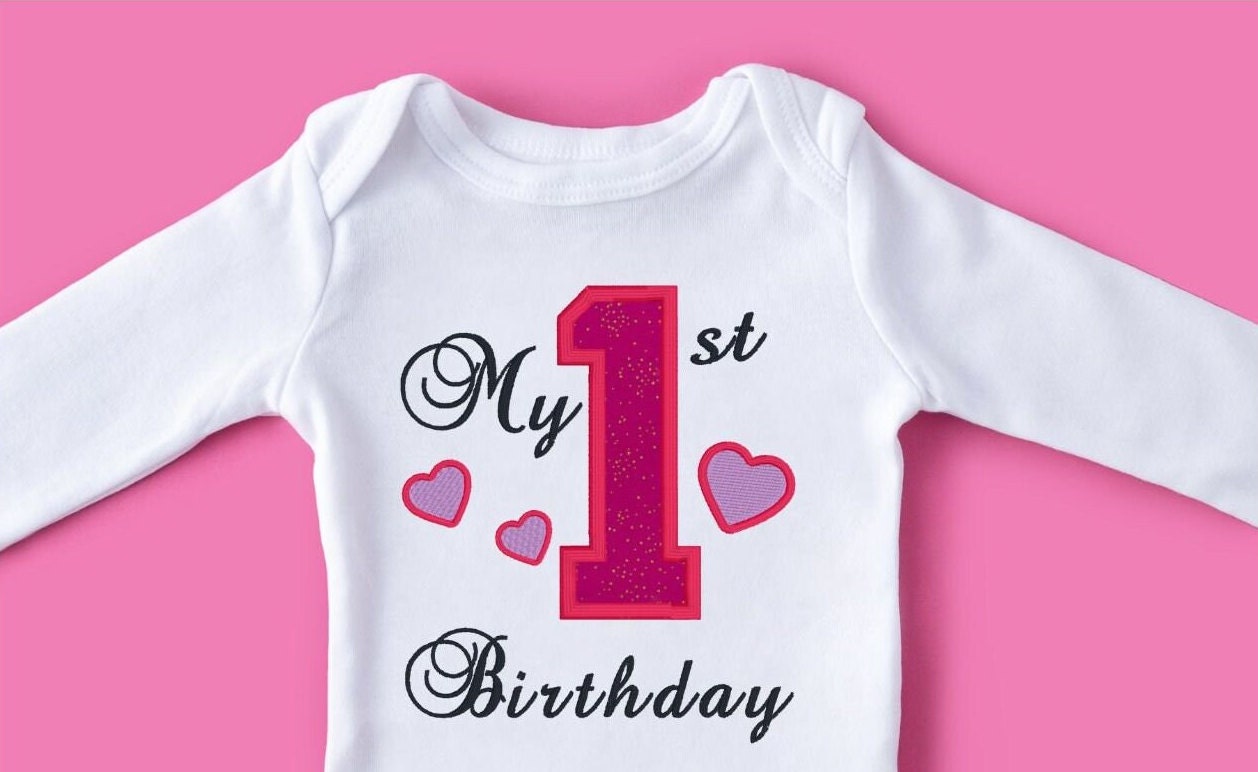 My 1st Birthday with Hearts Embroidered Baby Onesie