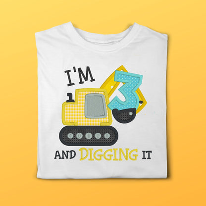 Construction Vehicles Digging It Embroidered Birthday Shirt