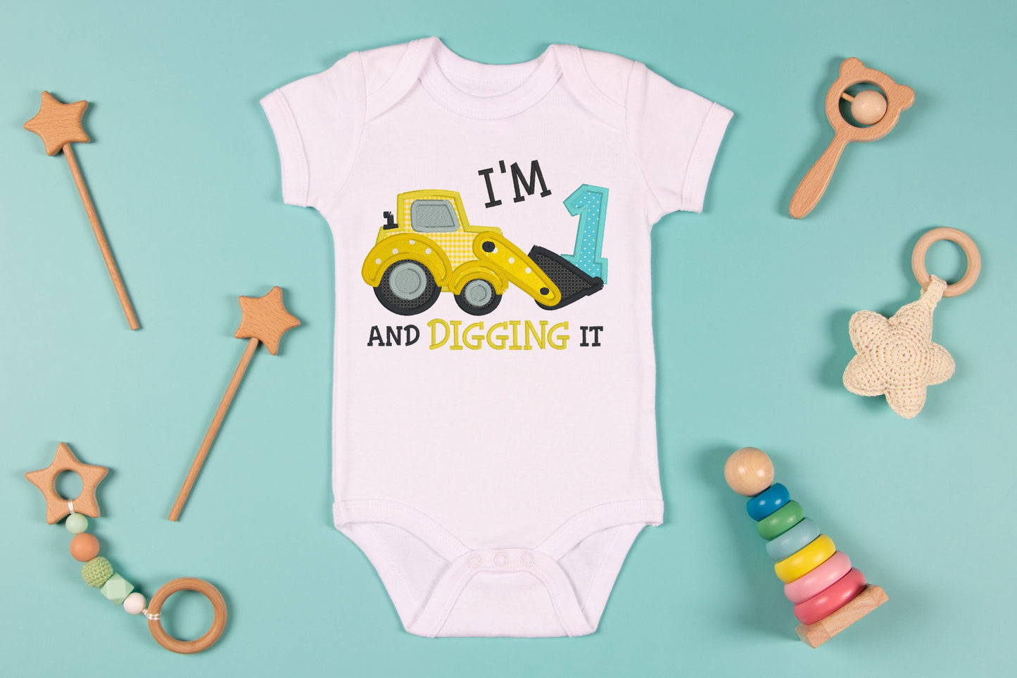 Construction Vehicles Digging It Embroidered Birthday Shirt
