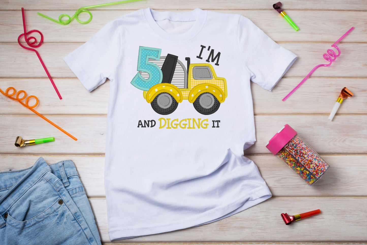 Construction Vehicles Digging It Embroidered Birthday Shirt