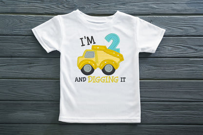 Construction Vehicles Digging It Embroidered Birthday Shirt
