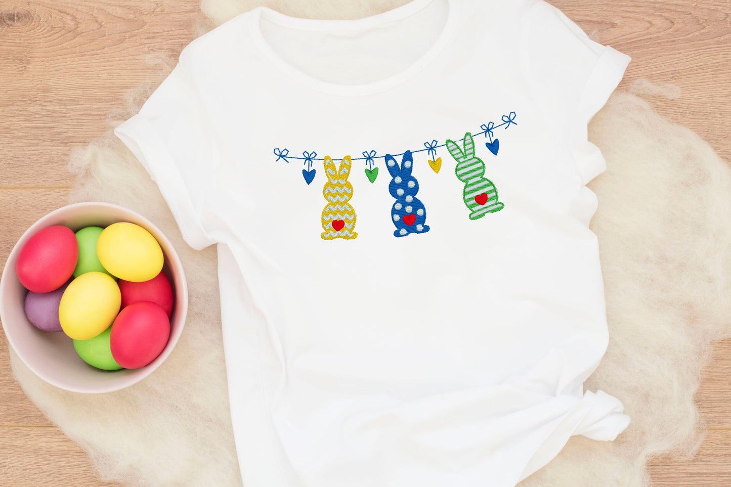 Easter Bunnies Hanging on a Garland Embroidered Shirt
