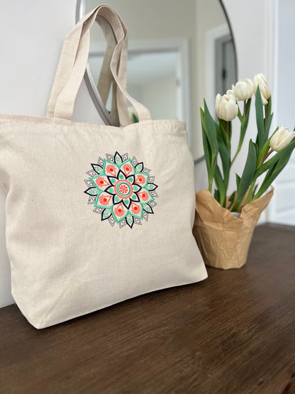 Mandala Design Embroidered Tote Bag