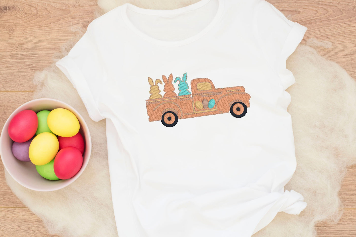 Easter Bunnies in Pickup Truck Embroidered Shirt