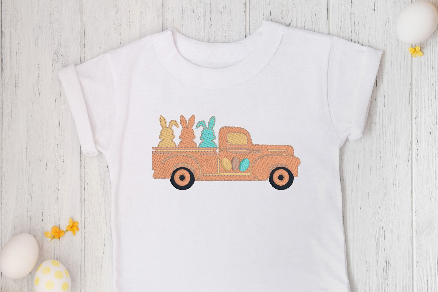 Easter Bunnies in Pickup Truck Embroidered Shirt