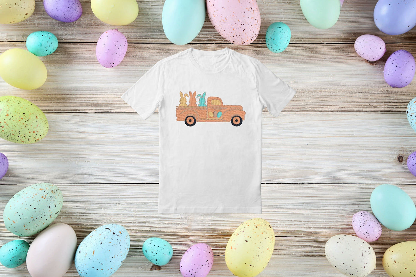 Easter Bunnies in Pickup Truck Embroidered Shirt