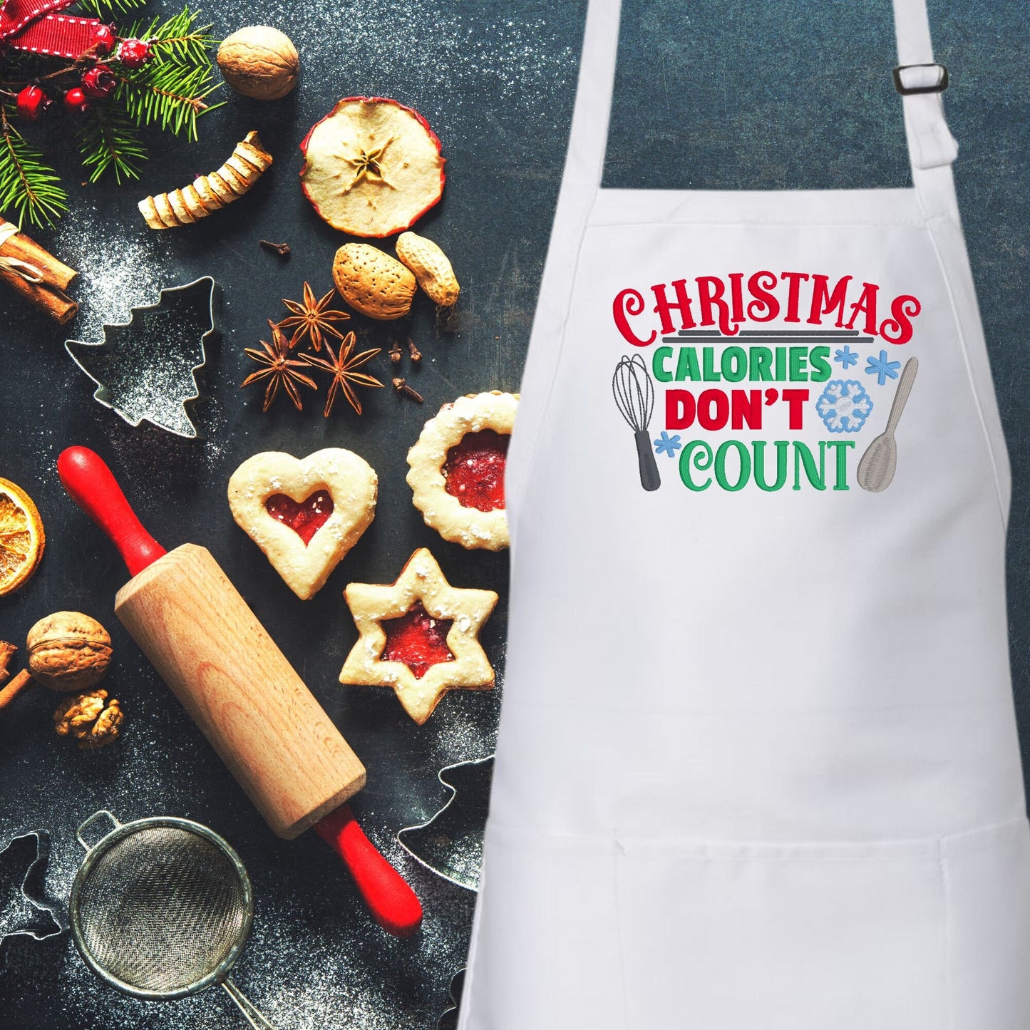 "Christmas Calories Don't Count" Embroidered Christmas Apron